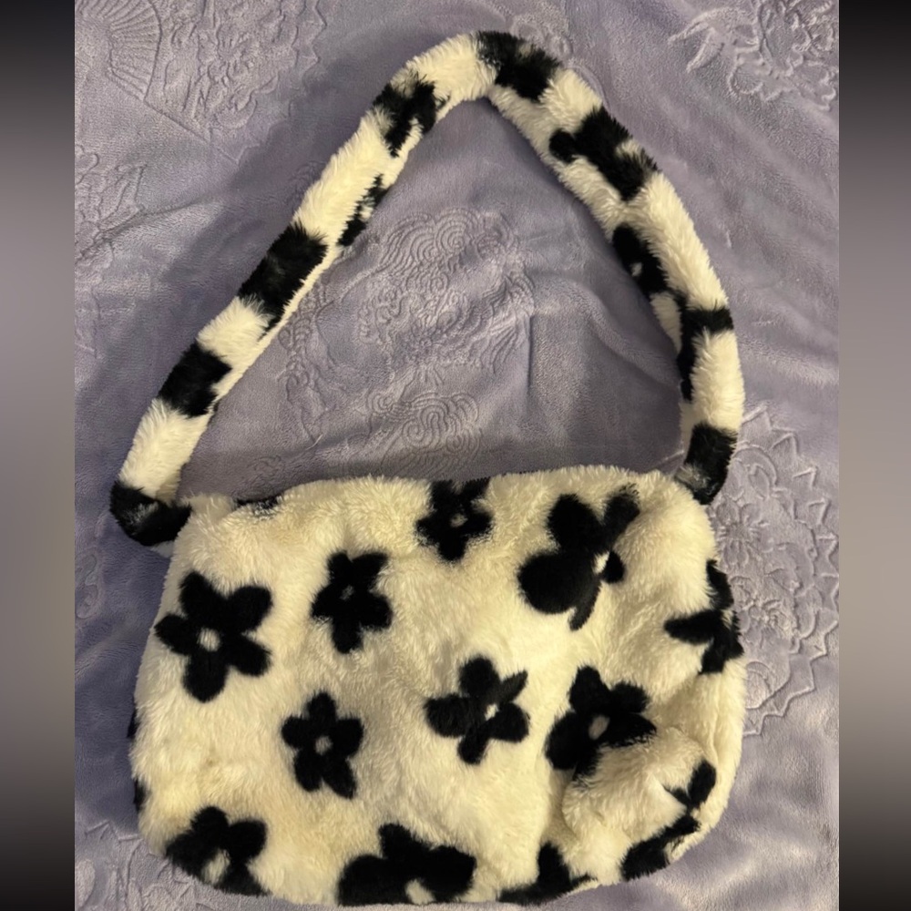 Faux Fur Black & White Floral Shoulder Bag